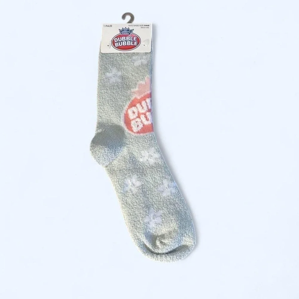 Dubble Bubble blue fuzzy socks with logo print size 5-9.5